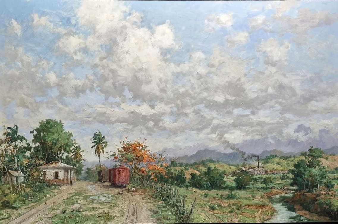 Antigua central y estación del tren en PR, óleo sobre hardboard de William Maldonado