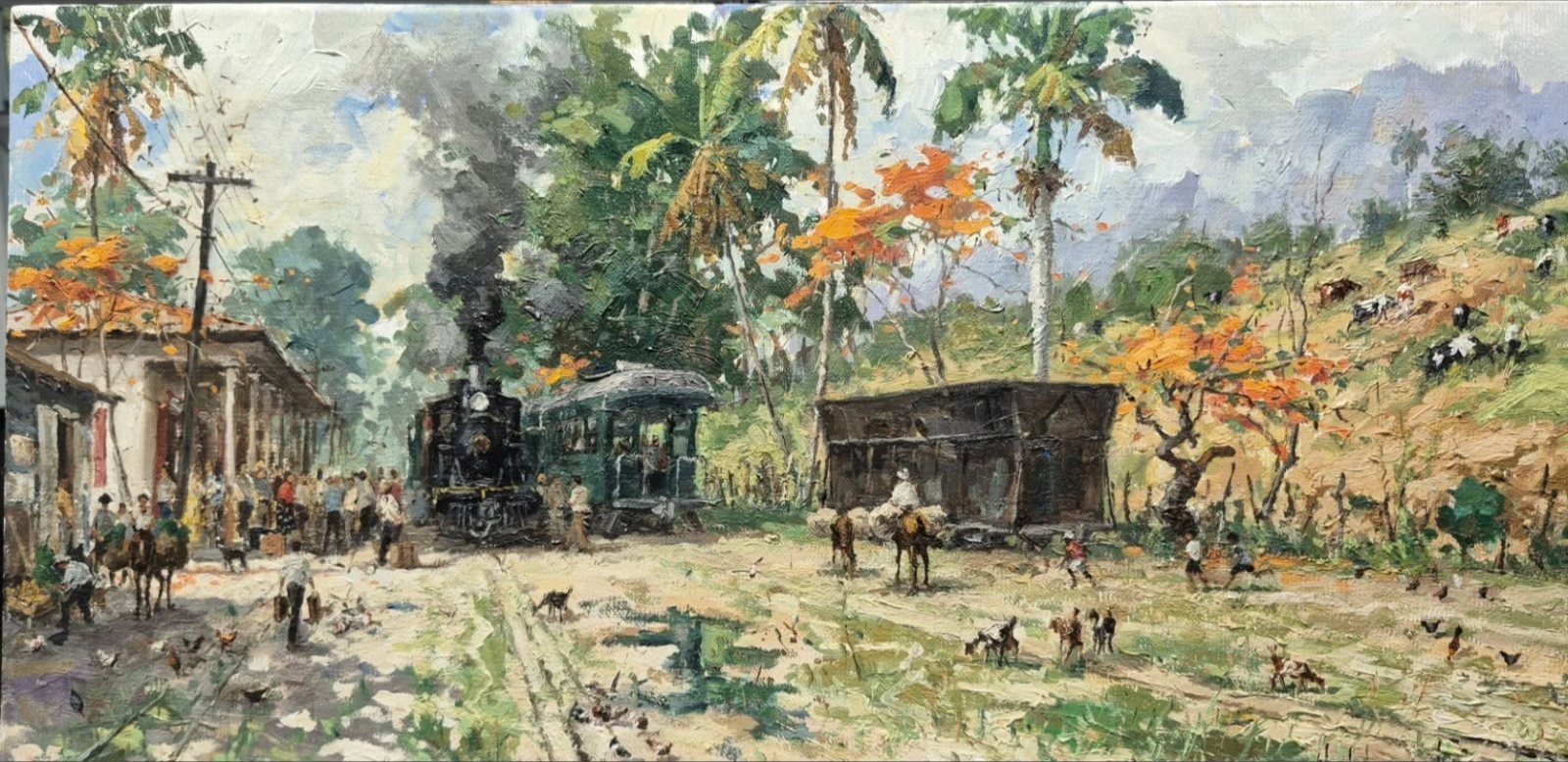 Antigua estación del tren con flamboyanes, óleo sobre lino de William Maldonado