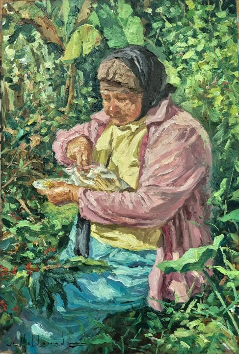Campesina almorzando en la finca, óleo sobre hardboard de William Maldonado