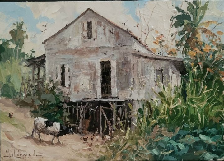 Casona cafetalera, óleo sobre hardboard de William Maldonado