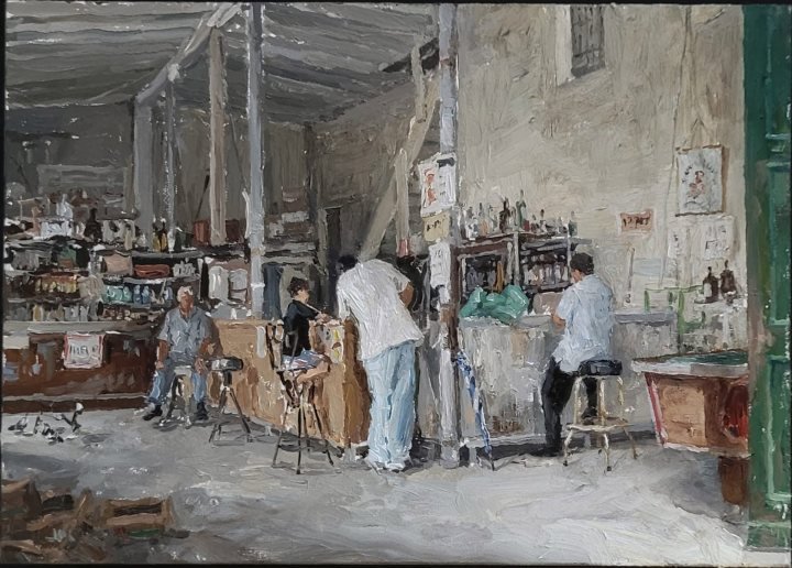 El colmado de la esquina, óleo sobre hardboard de William Maldonado