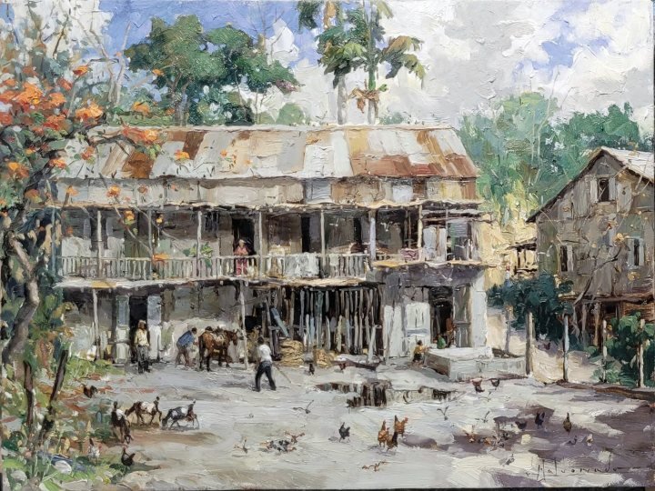 El día a día en la hacienda, óleo sobre hardboard de William Maldonado