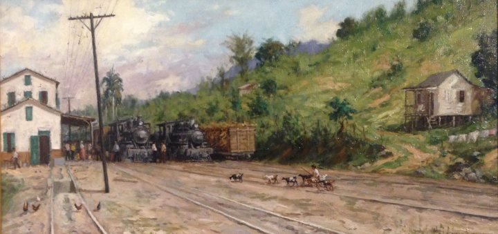 Estación con dos trenes, óleo de William Maldonado