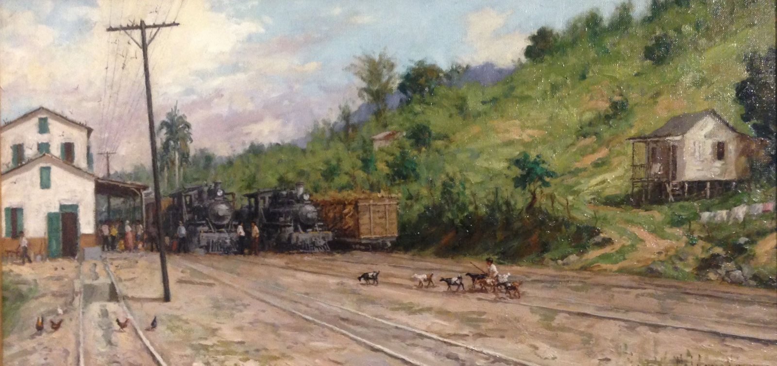 Estación con dos trenes, óleo de William Maldonado