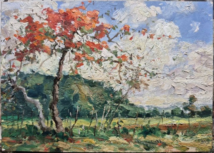 Flamboyán camino a Lajas, óleo sobre hardboard de William Maldonado