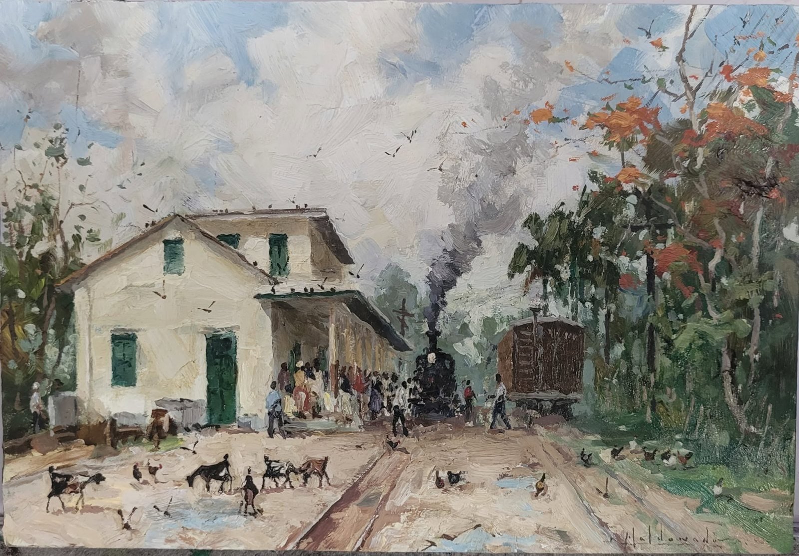 La estación, óleo sobre hardboard de William Maldonado
