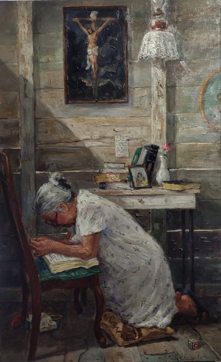 Oración de una madre II, óleo sobre hardboard de William Maldonado