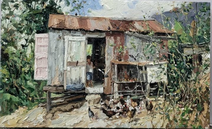 Paisaje con niño en la puerta, óleo sobre hardboard de William Maldonado