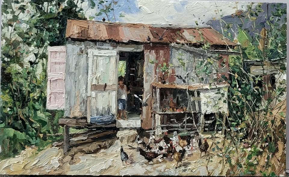 Paisaje con niño en la puerta, óleo sobre hardboard de William Maldonado