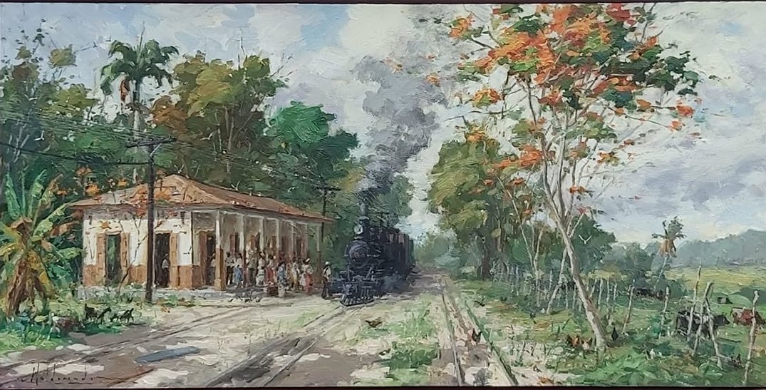 Paisaje con tren y flamboyanes, óleo de William Maldonado