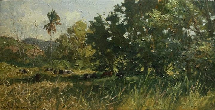 Pequeño paisaje con ganado, óleo de William Maldonado