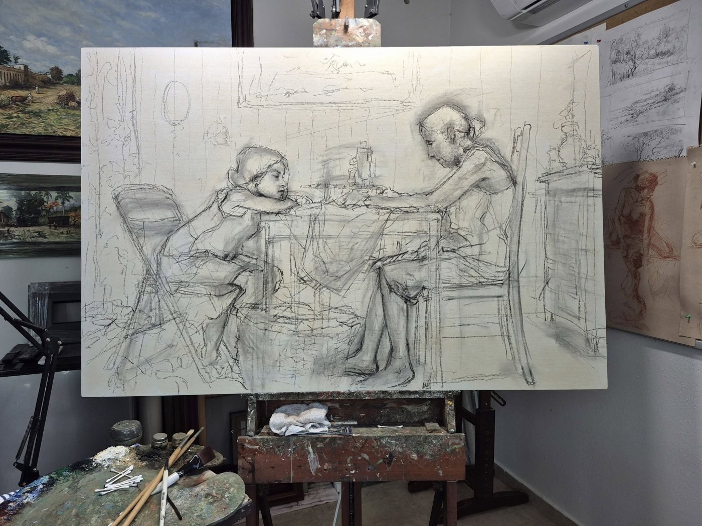 El dibujo sobre el lino — La abuela y su nieta